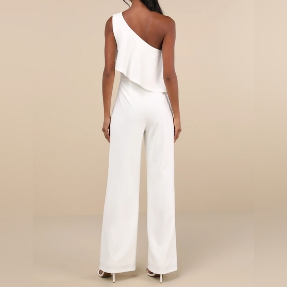 Lulus Flawless Vibes White One-Shoulder Tiered Wide-Leg Jumpsuit, Size Medium - Picture 3 of 10